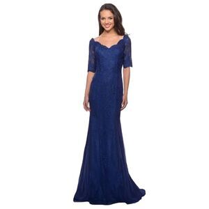 NWT La Femme Beaded V-Neck Lace Gown blue Maxi Dress Women Size 8 $639